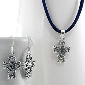 Double Celtic Cross Pendant & Earrings Set - Sterling Silver - NEW